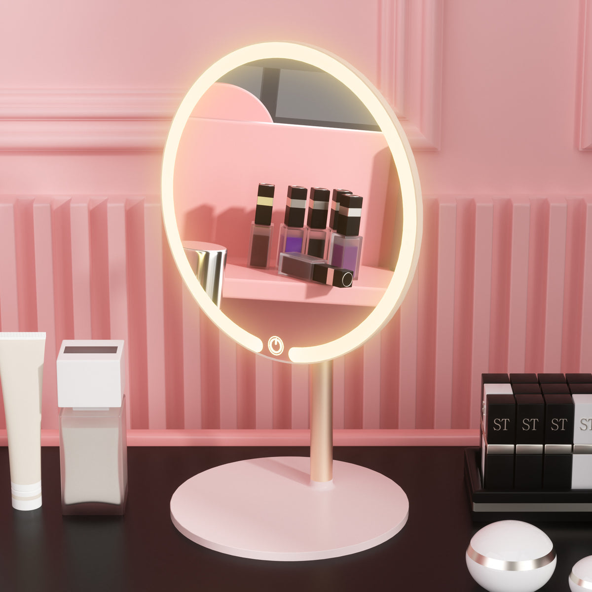 LED Lighted Makeup Mirror with Storage Foldable Desktop Mirror
