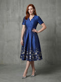 Blue short sleeves floral jacquard A-line mom dress